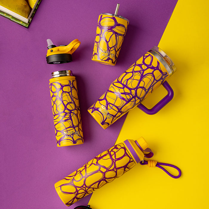 Stainless steel vacuum travel bottle with straw "We Care", Yellow Print 500ml