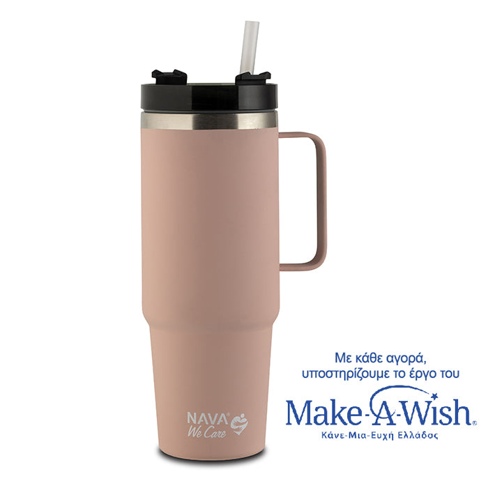 Stainless steel insulated travel mug with plastic straw "We Care", pink 900ml