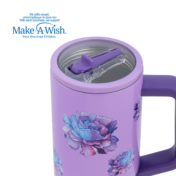 Stainless steel thermos tumbler with plastic straw "We Care", Purple Floral 900ml