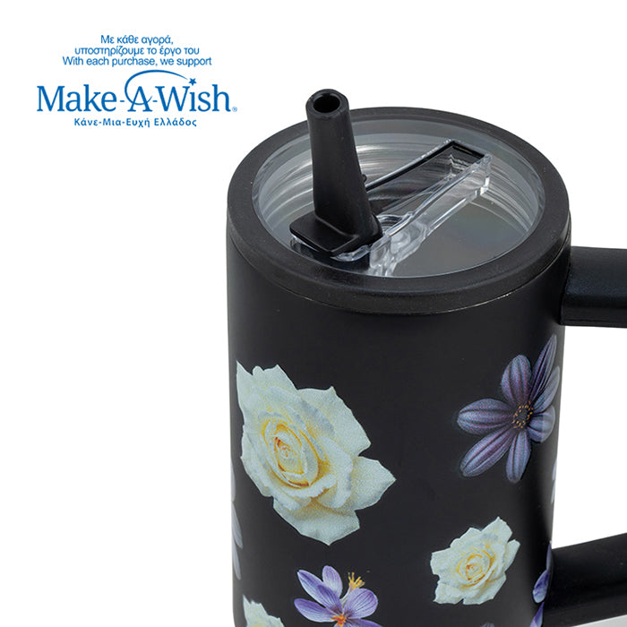 Stainless steel thermos tumbler with plastic straw "We Care", Black Floral 900ml