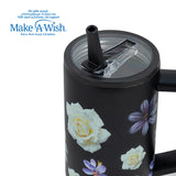 Stainless steel thermos tumbler with plastic straw "We Care", Black Floral 900ml