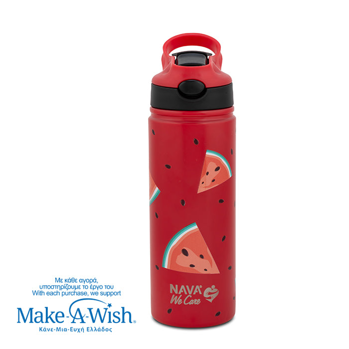 Stainless steel vacuum travel bottle with straw "We Care", Watermelon 500ml