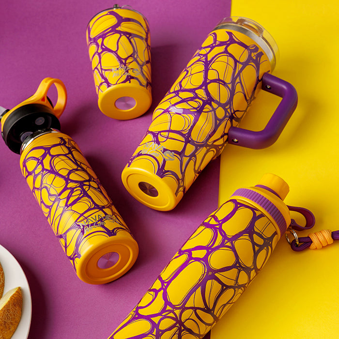 Stainless steel thermos tumbler with sip straw "We Care", Yellow Print 900ml