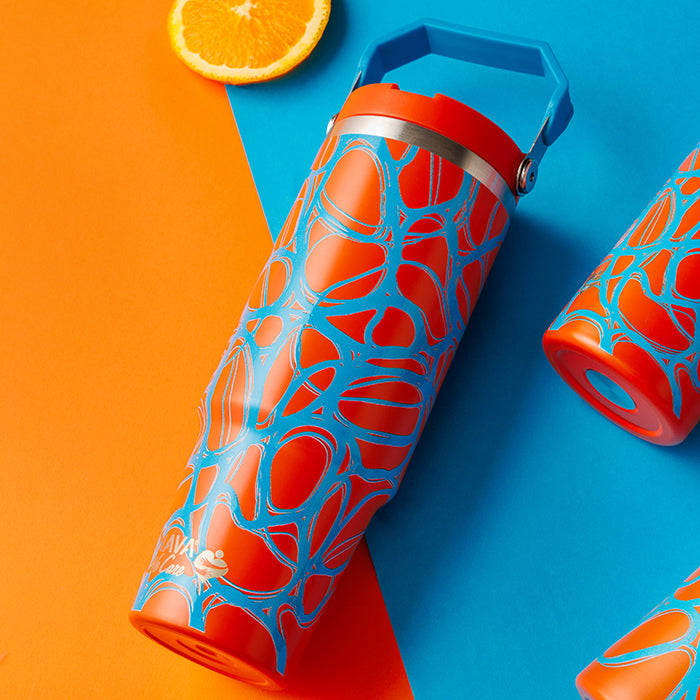 Stainless steel thermos tumbler with sip straw "We Care", Blue Print 900ml