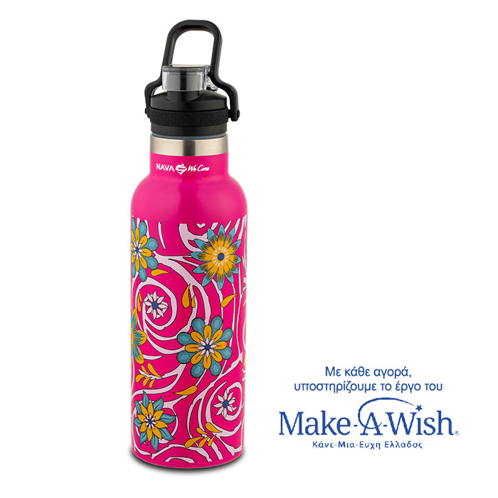 Stainless steel vacuum travel bottle with pouring lid "We Care", magenta 500ml