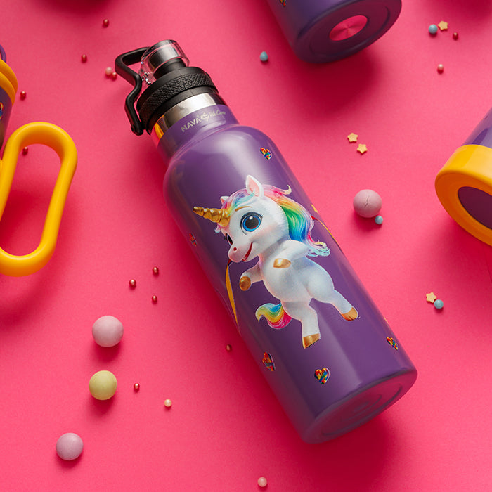 Stainless steel vacuum travel bottle with pouring lid "We Care", Purple Unicorn 500ml