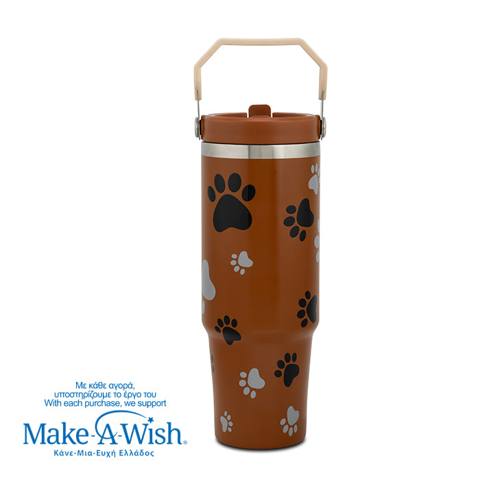 Stainless steel thermos tumbler with sip straw "We Care", Paw Prints 900ml