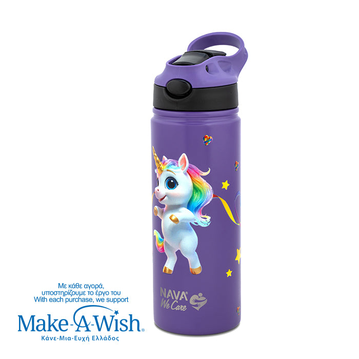 Stainless steel vacuum travel bottle with straw "We Care", Purple Unicorn 500ml