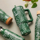 Stainless steel thermos tumbler with plastic straw "We Care", Sketch Floral 900ml