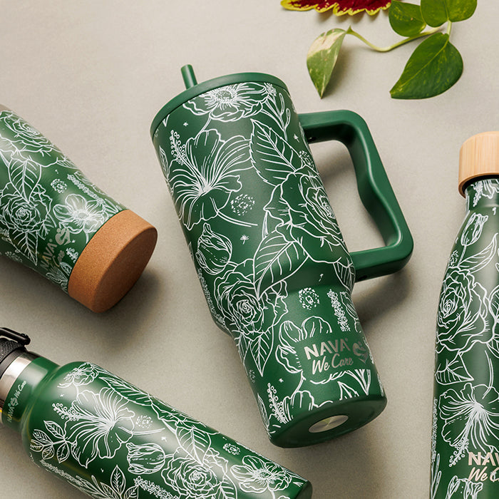 Stainless steel thermos tumbler with plastic straw "We Care", Sketch Floral 900ml