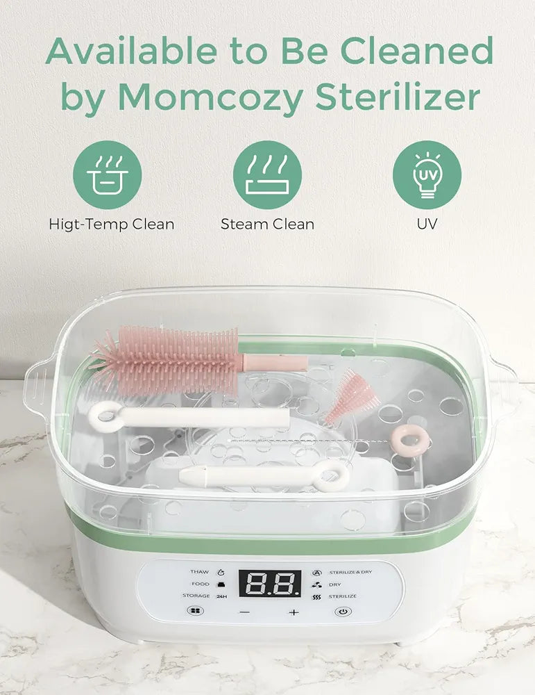 Momcozy 7-in-1 Baby Bottle Cleaner Kit with Silicone, Nipple & Straw Brushes, Soap Dispenser and Drying Rack - Portable Cleaning Tool for Home and Travel, Pink