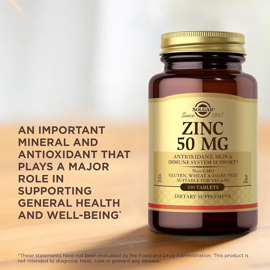 Solgar Zinc 50 mg, 100 Tablets - Zinc for Healthy Skin, Taste & Vision - Immune System & Antioxidant Support - Supports Cell Growth & DNA Formation - Non GMO, Vegan, Gluten Free - 100 Servings