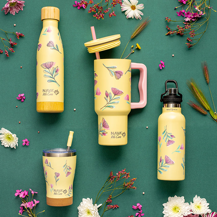 Stainless steel thermos tumbler with plastic straw "We Care", Cream Floral 900ml