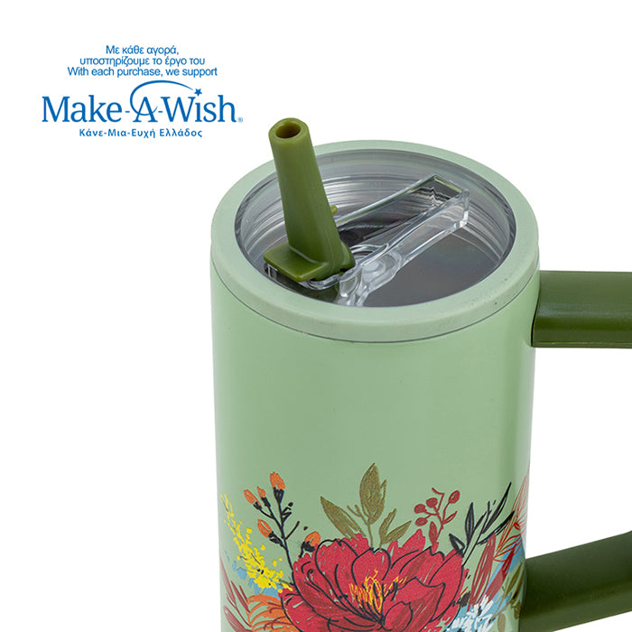Stainless steel thermos tumbler with plastic straw "We Care", Green Floral 900ml