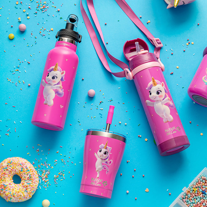 Stainless steel vacuum travel bottle with pouring lid "We Care", Pink Unicorn 500ml