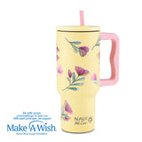 Stainless steel thermos tumbler with plastic straw "We Care", Cream Floral 900ml