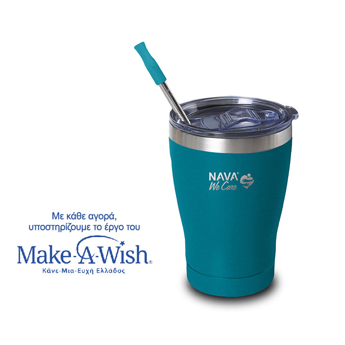 Stainless steel insulated travel mug with straw "We Care", petrol 360ml