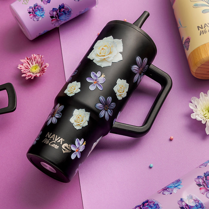Stainless steel thermos tumbler with plastic straw "We Care", Black Floral 900ml