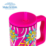Stainless steel thermos tumbler with plastic straw "We Care", Magenta Floral 900ml