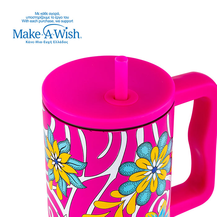 Stainless steel thermos tumbler with plastic straw "We Care", Magenta Floral 900ml