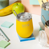 Stainless steel insulated travel mug with straw "We Care", yellow 360ml