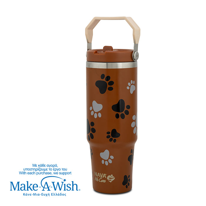 Stainless steel thermos tumbler with sip straw "We Care", Paw Prints 900ml