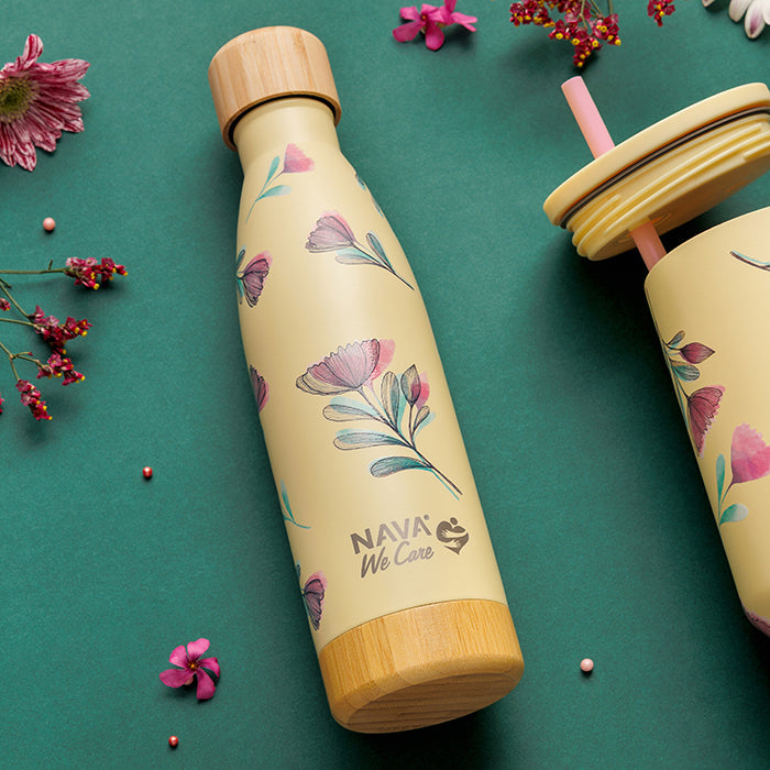 Stainless steel vacuum travel bottle bamboo "We care", Cream Floral 500ml