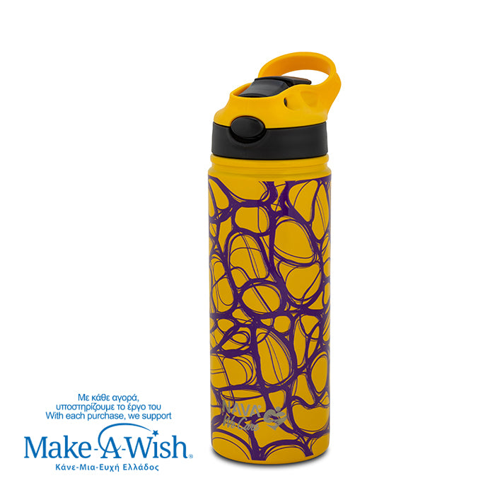 Stainless steel vacuum travel bottle with straw "We Care", Yellow Print 500ml
