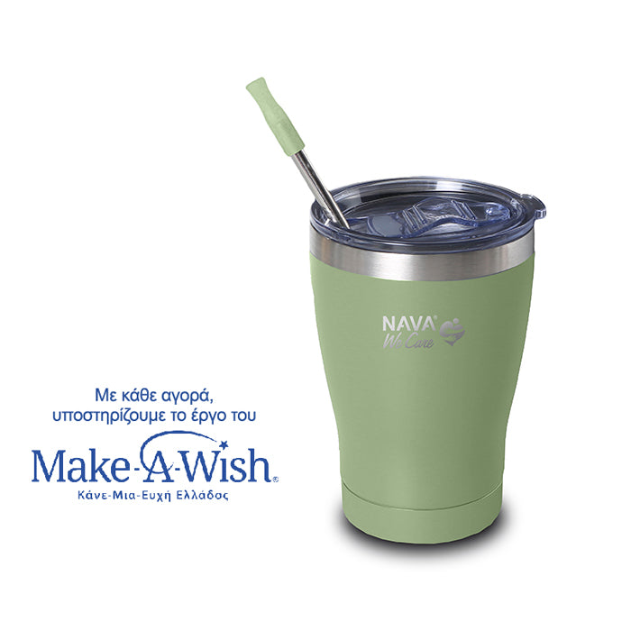 Stainless steel insulated travel mug with straw "We Care", light green 360ml