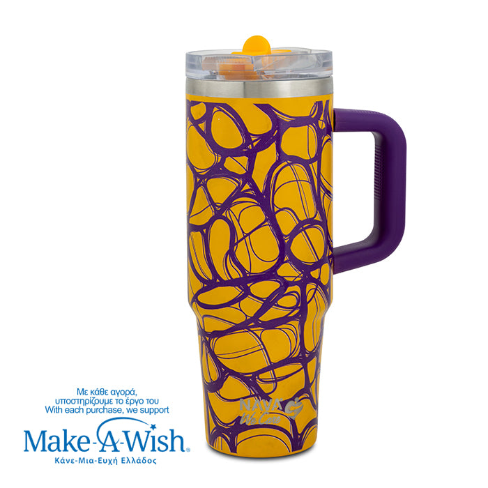 Stainless steel thermos tumbler with sip straw "We Care", Yellow Print 900ml