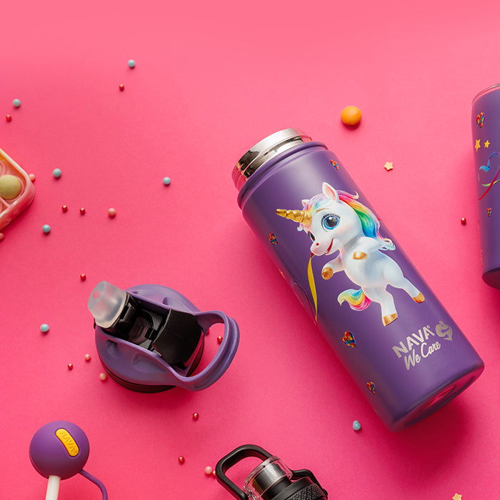 Stainless steel vacuum travel bottle with straw "We Care", Purple Unicorn 500ml
