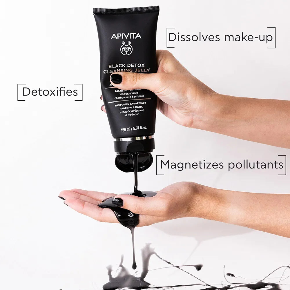 Apivita Black Detox Cleansing Jelly, Detoxifying Face & Eye Cleansing Gel with Activated Charcoal & Propolis