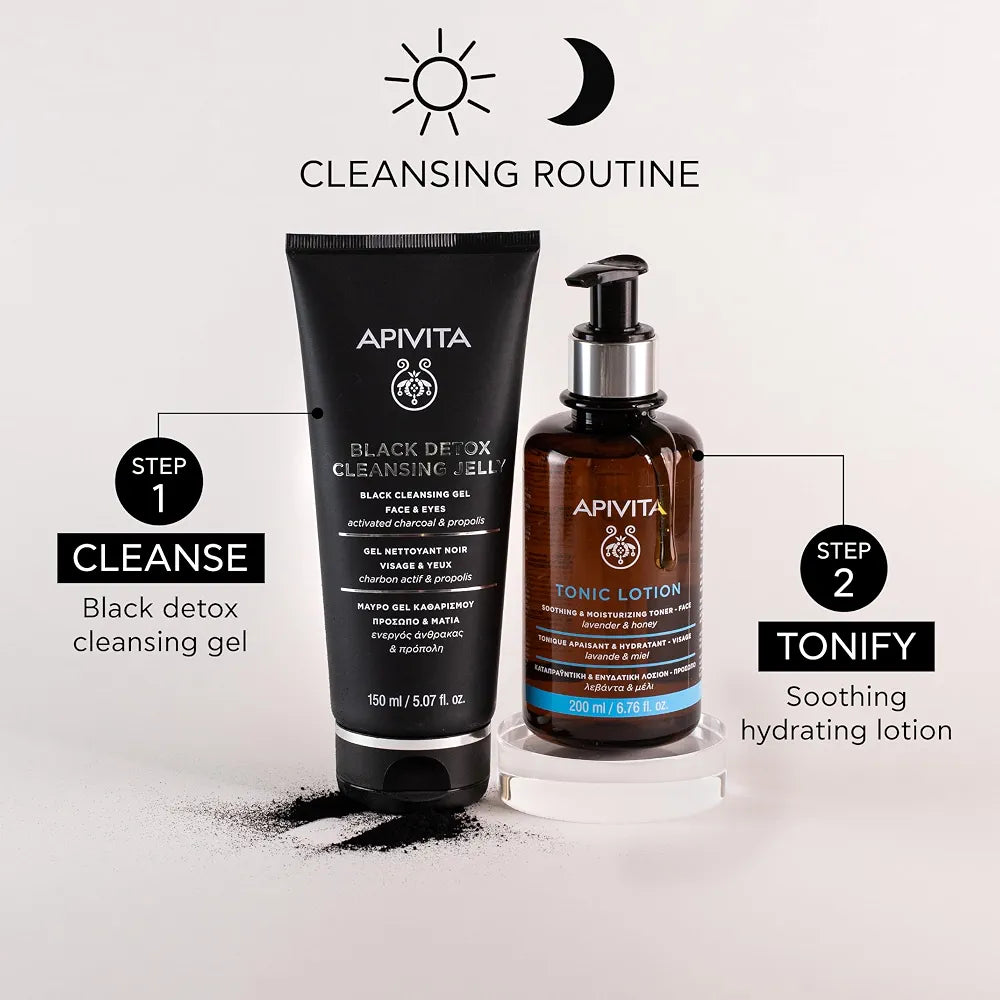 Apivita Black Detox Cleansing Jelly, Detoxifying Face & Eye Cleansing Gel with Activated Charcoal & Propolis