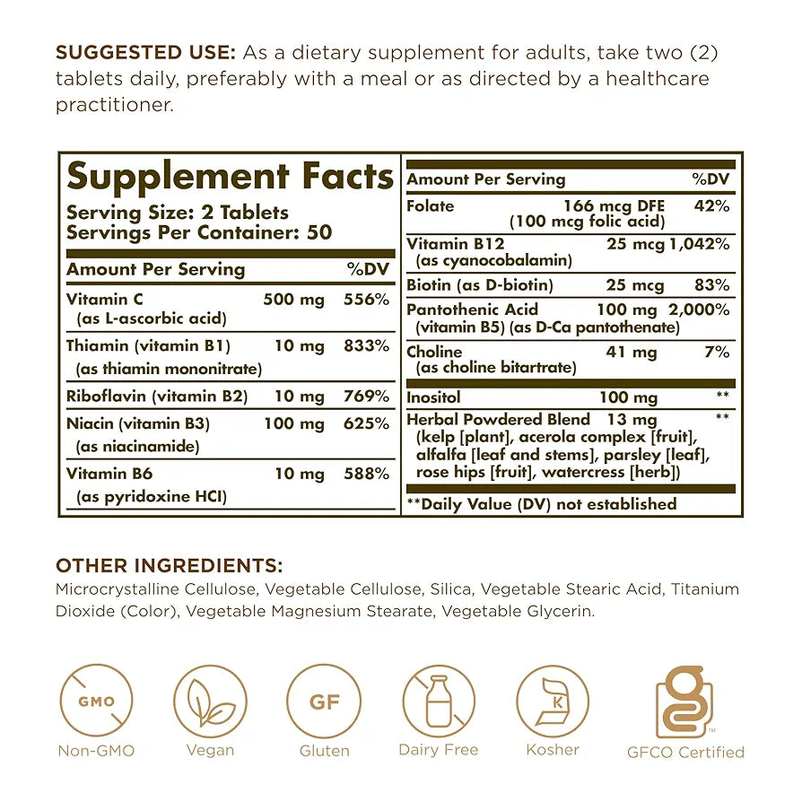 Solgar B-Complex with Vitamin C - 100 Tablets - Non-GMO, Vegan, Kosher & Gluten Free - 50 Servings