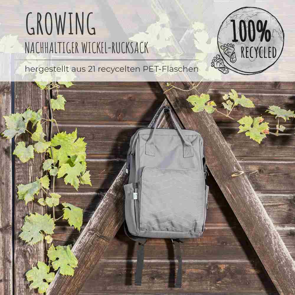 Growing baby-changing backpack made of 21 PET bottles