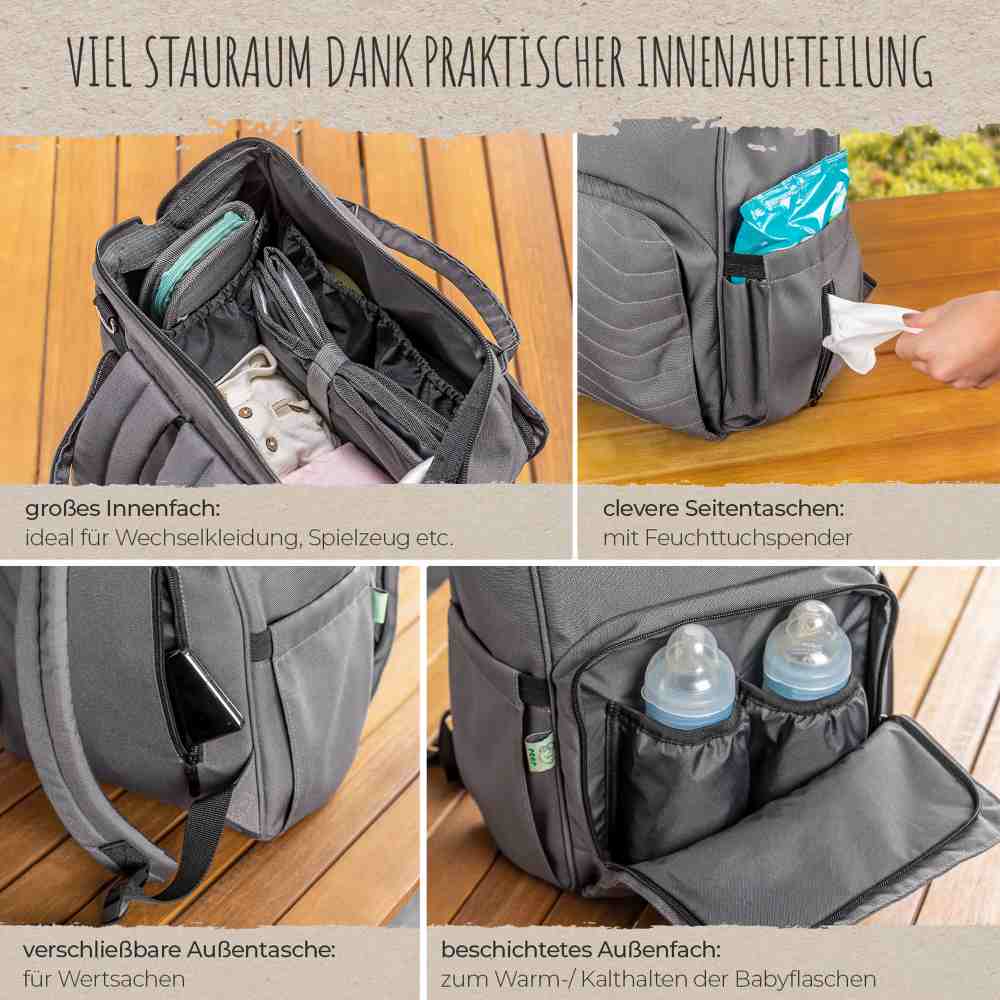 Growing baby-changing backpack made of 21 PET bottles