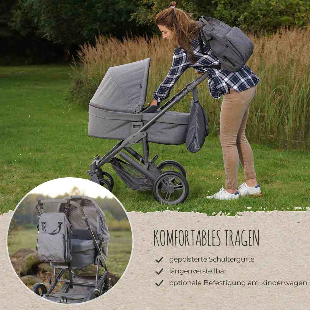 Growing baby-changing backpack made of 21 PET bottles