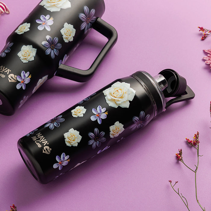 Stainless steel thermos bottle with spout "We Care", Black Floral 500ml