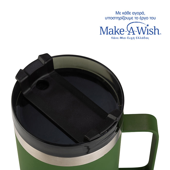 Stainless steel insulated travel mug with plastic straw "We Care", dark green 900ml