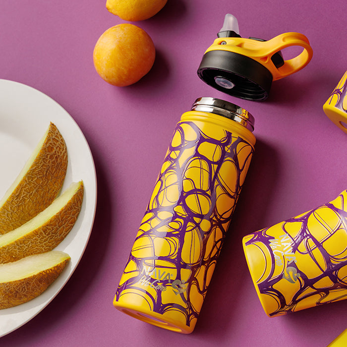 Stainless steel vacuum travel bottle with straw "We Care", Yellow Print 500ml