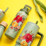 Stainless steel thermos bottle with spout "We Care", Green Floral 500ml