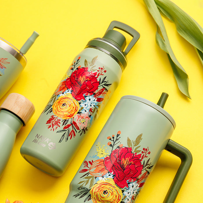 Stainless steel thermos bottle with spout "We Care", Green Floral 500ml