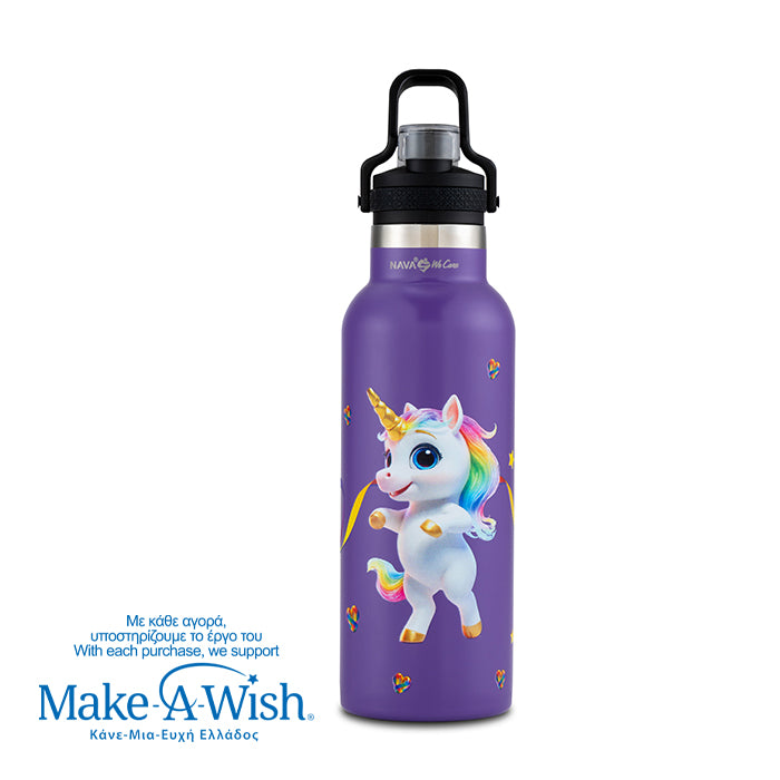 Stainless steel vacuum travel bottle with pouring lid "We Care", Purple Unicorn 500ml