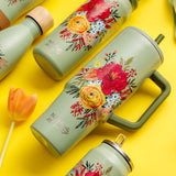 Stainless steel thermos tumbler with plastic straw "We Care", Green Floral 900ml