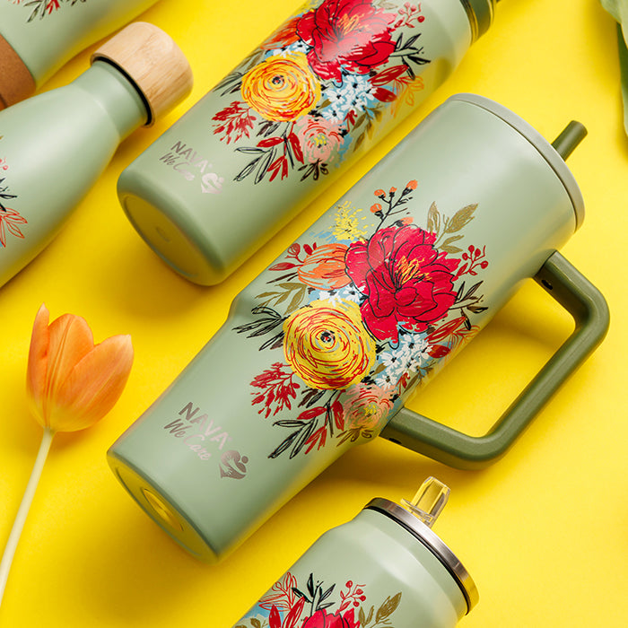 Stainless steel thermos tumbler with plastic straw "We Care", Green Floral 900ml