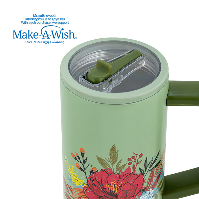 Stainless steel thermos tumbler with plastic straw "We Care", Green Floral 900ml