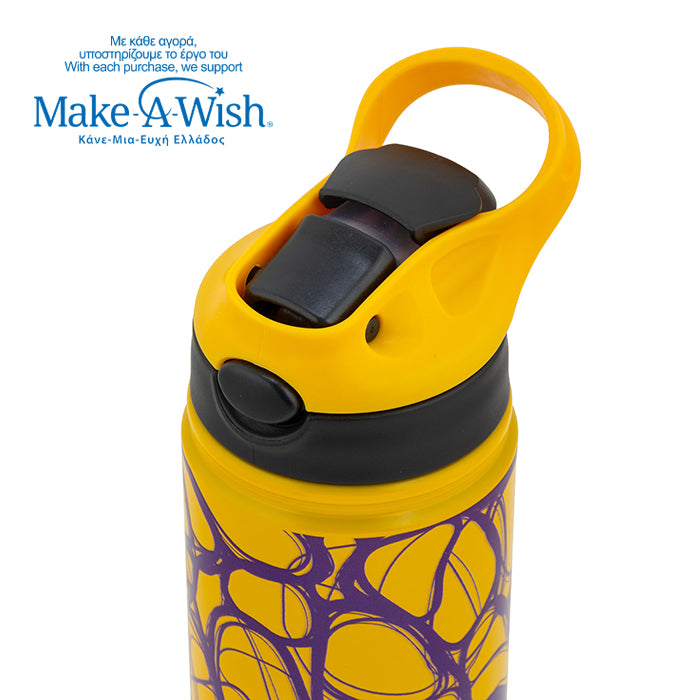 Stainless steel vacuum travel bottle with straw "We Care", Yellow Print 500ml