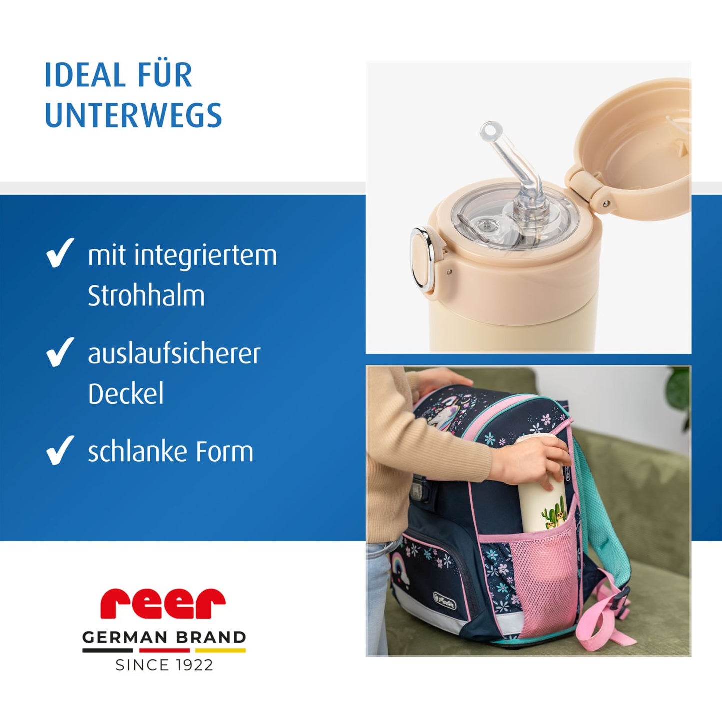 Kids drinking bottle with straw, 350ml, creamwhite