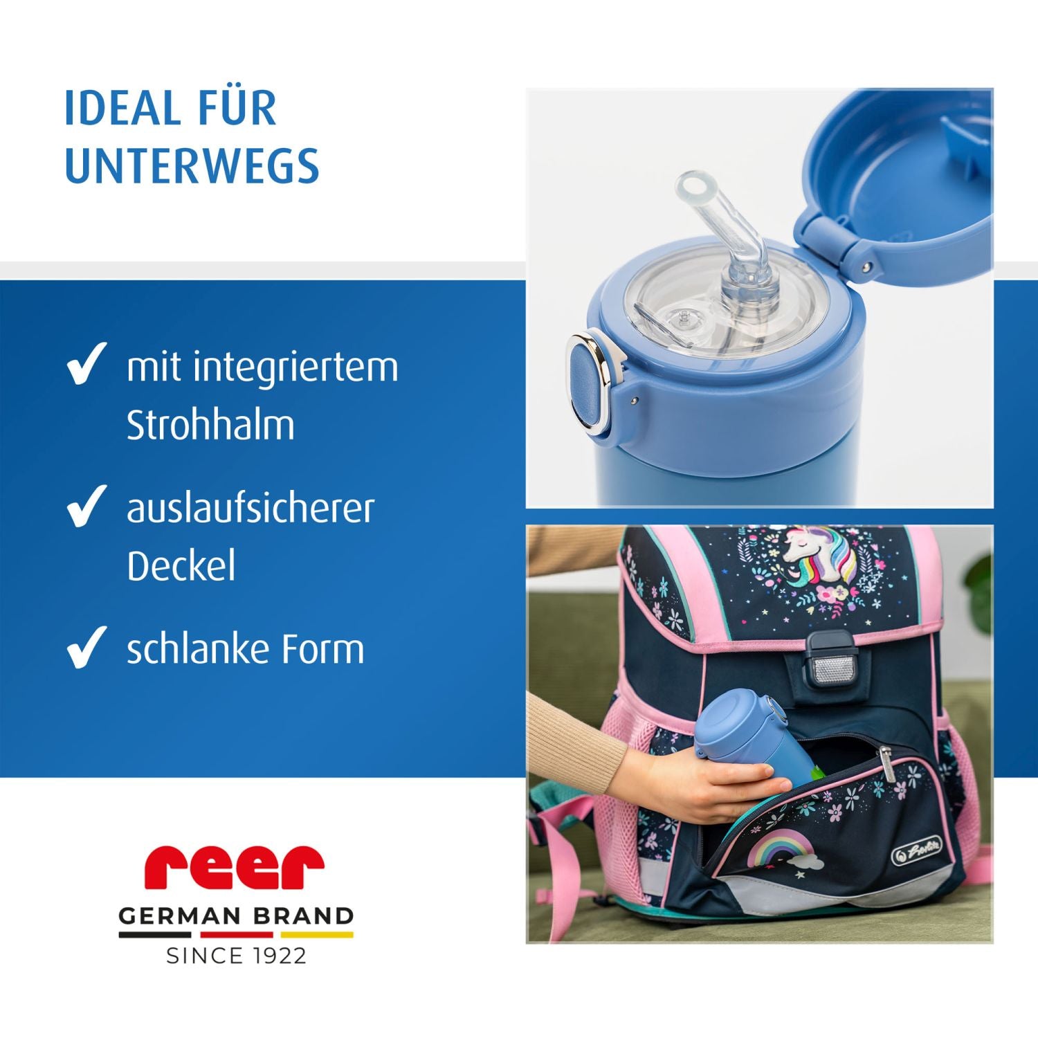 Kids drinking bottle with straw, 350ml, blue