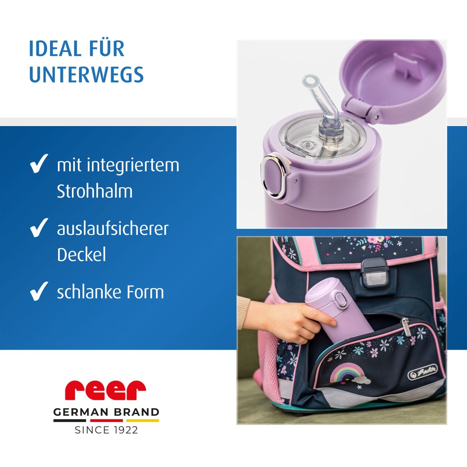 Kids drinking bottle with straw, 350ml, purple